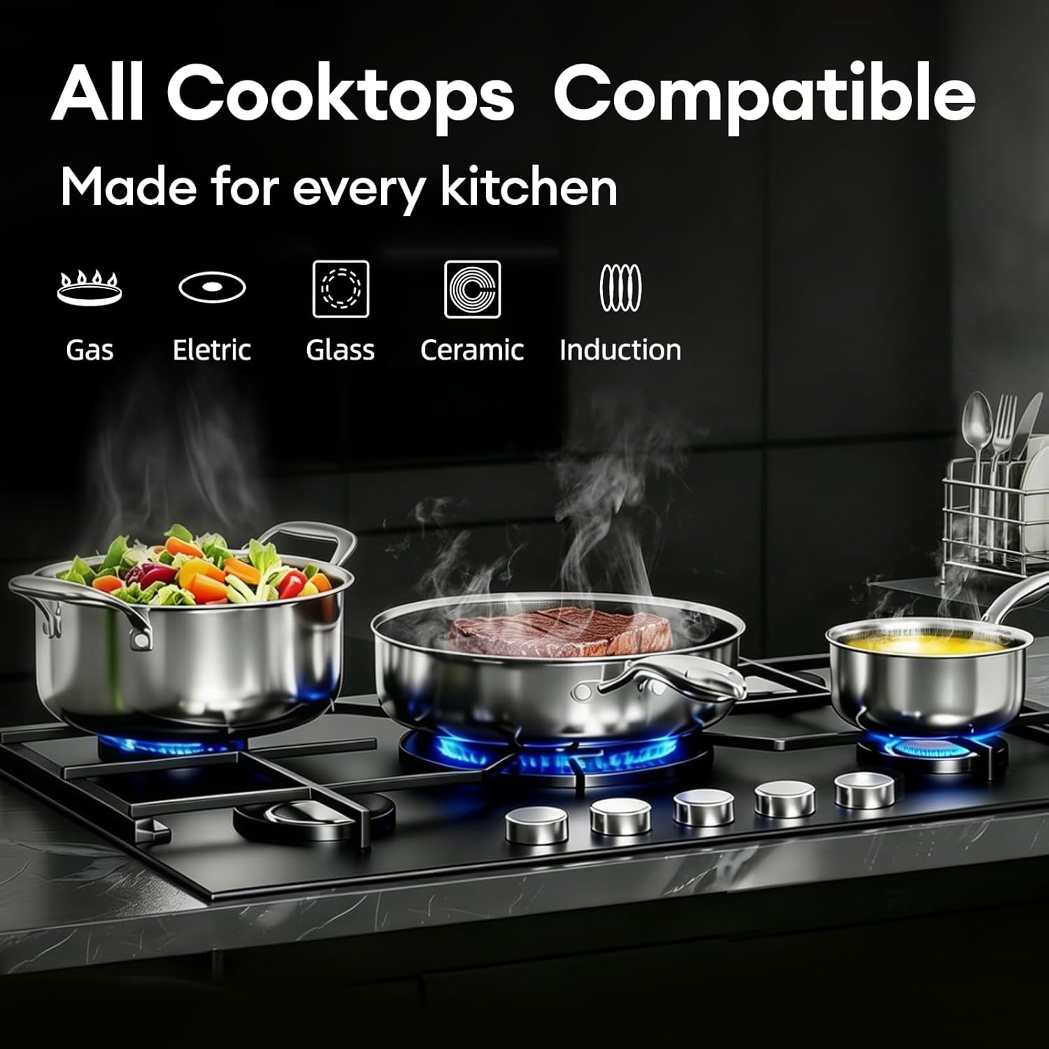 COOKER KING 10pcs Pots and Pans Set Non Stick, Stainless Steel Cookware Set | Hybrid, Non Toxic, Dishwasher and Oven Saf