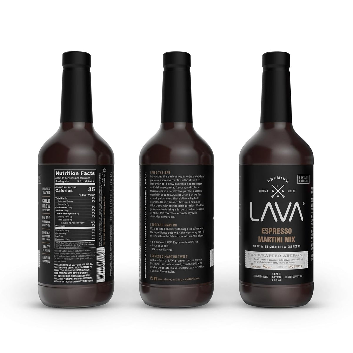 LAVA Premium Espresso Martini Mix, Cold Brew Espresso, 65mg Caffeine Per Serv., No Artificial Sweeteners, Colors, or Flavors, Espresso Martini Gift, 1-Liter (33.8oz) Glass Bottle