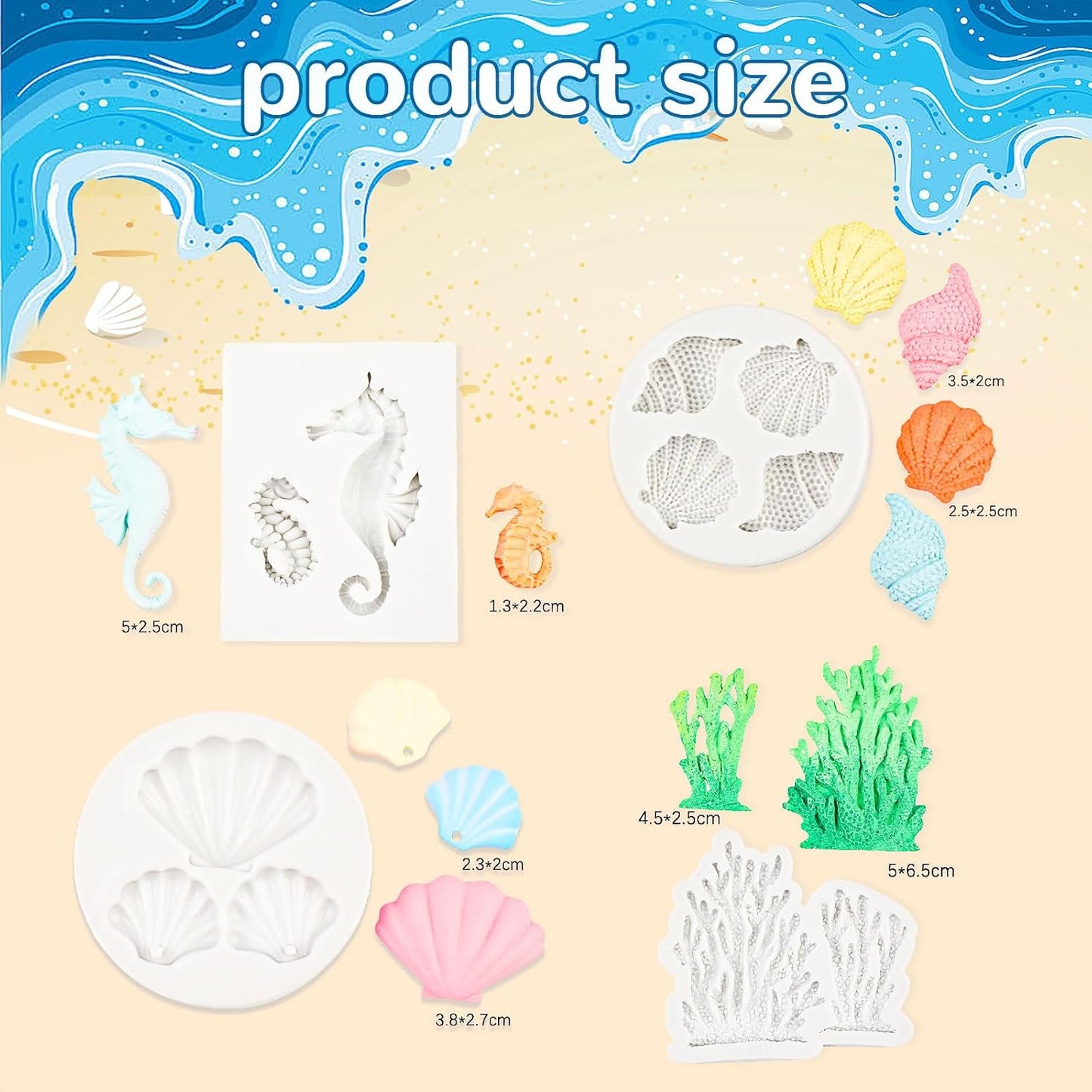 Ocean Chocolate Fondant Mold Set Food-Grade Silicone Baking Molds with Shell, Starfish, Seashell Beach Life Phrases, Reusable for Under the Sea Cakes, Cupcakes &amp; Party Treats - 8 Pack