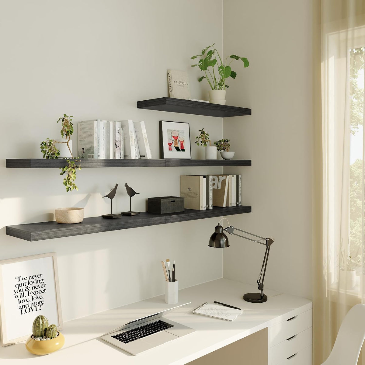 Floating Shelf, Set of 1 Wall Shelf, 36 in W x 12.75 in D x 2 in H Wooden Floating Wall Shelf with Invisible Brackets for Living Room/Bedroom/Bathroom/Kitchen Storage and Decor, Black Wood