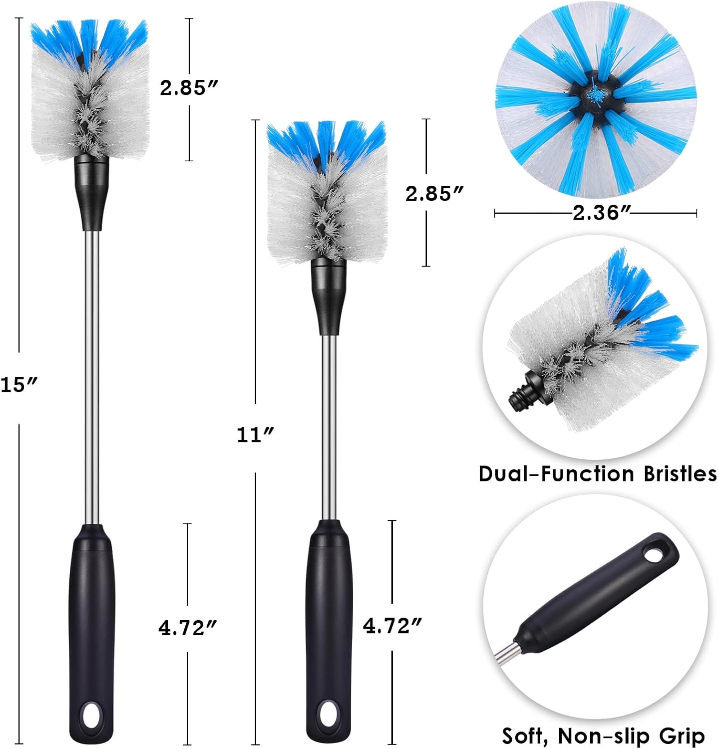 MOSOLAN Stainless Steel Bottle Brush with Replaceable Head, 13 in - 15 in