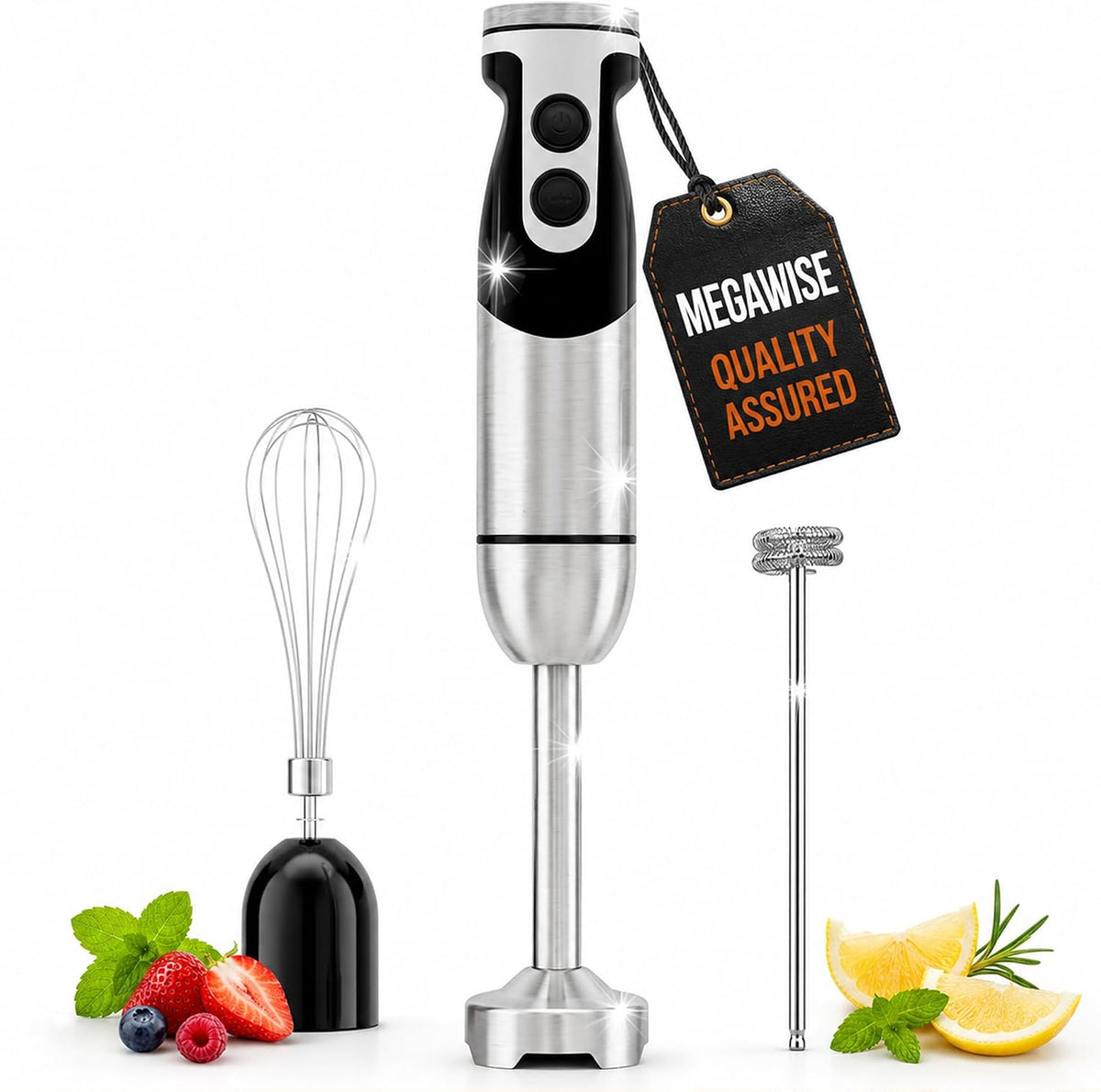 MegaWise 3‑in‑1 Immersion Hand Blender, 12‑Speed Titanium Stainless Steel Stick Blender with Whisk &amp; Milk Frother