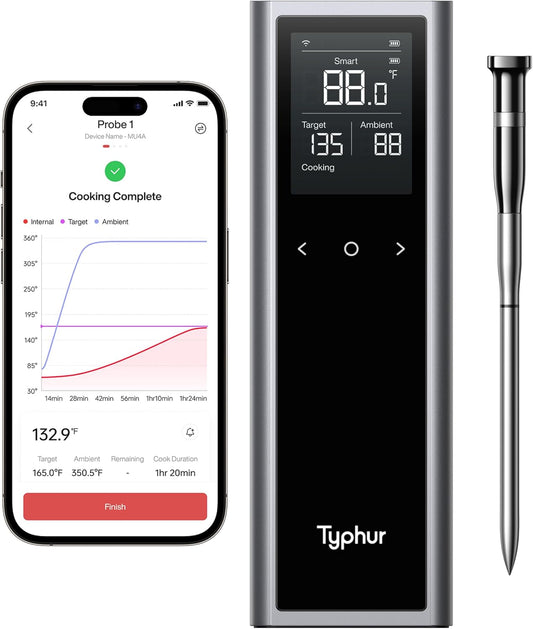 Sync One Smart Wireless Meat Thermometer: Standalone Base with LCD Display, Unlimited WiFi & Bluetooth Range, Enhanced