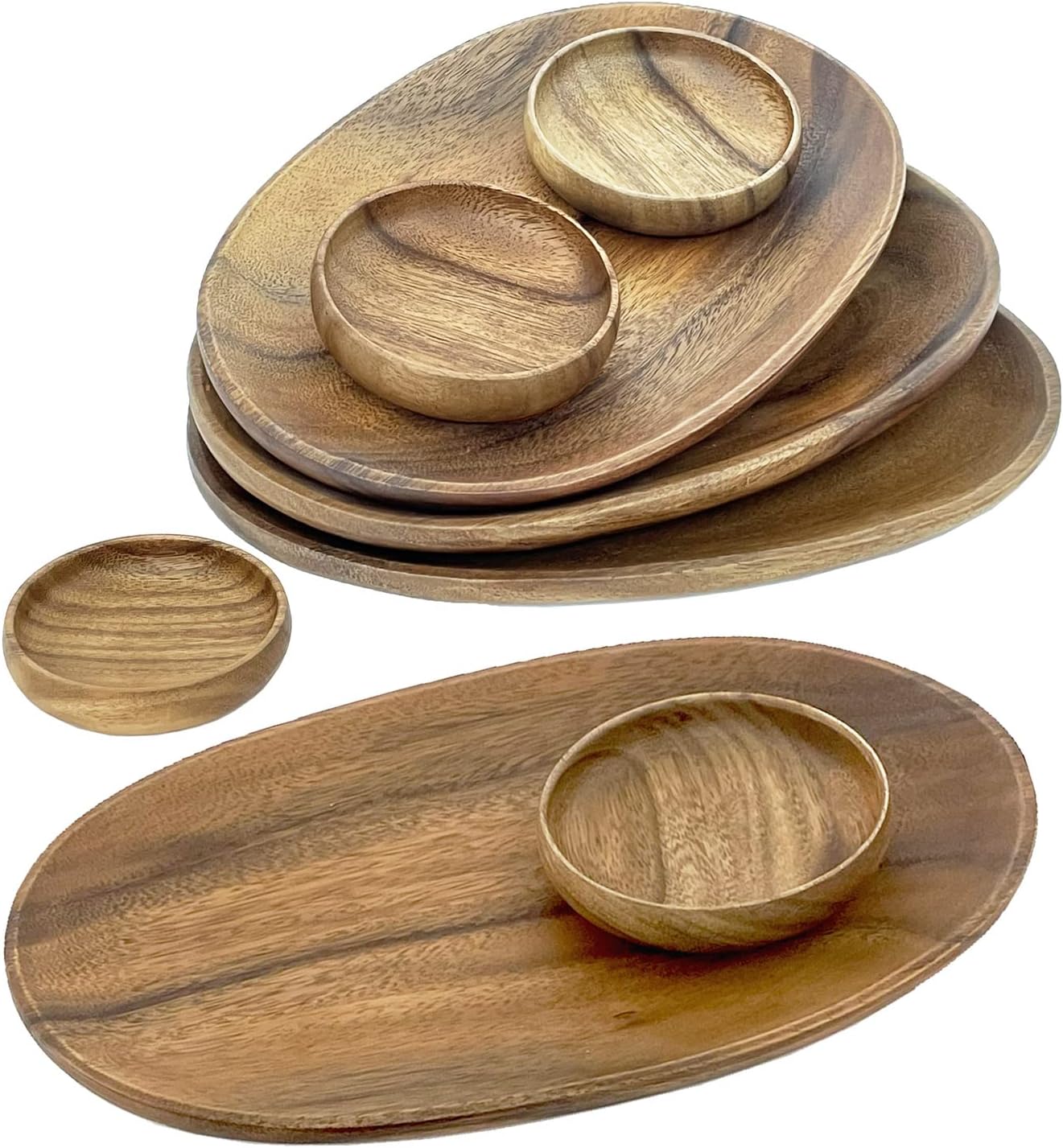 Woodard &amp; Charles Acacia Wood 12" Oval Tray with Dip Bowls, 8 Piece Set | 4 Acacia Wood Serving Trays and Bowls; Serve Appetizers, Sandwiches and Hors d'Oeuvres. Ideal for Parties and Entertaining
