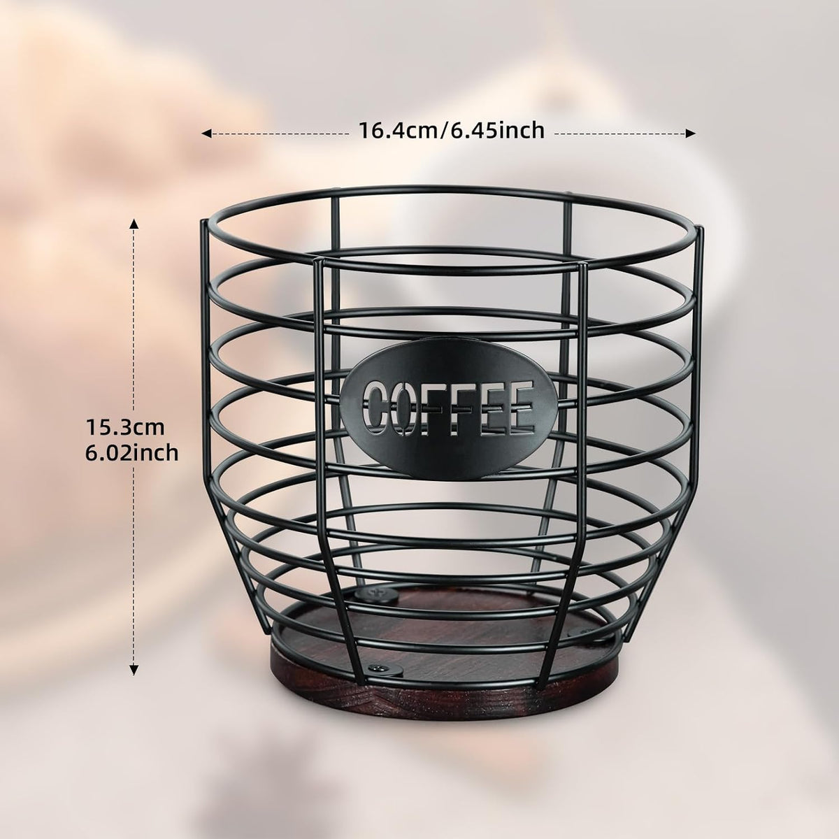 Yangbaga Large Coffee Pod Holder: Black Wire K-Cup Holder with Wood Base | 3L Large Capacity-Stainless Steel Basket Bar Decor-Multi-Purpose Storage-Easy Clean- Fit for Coffee Bar/Pod/Capsule/Station