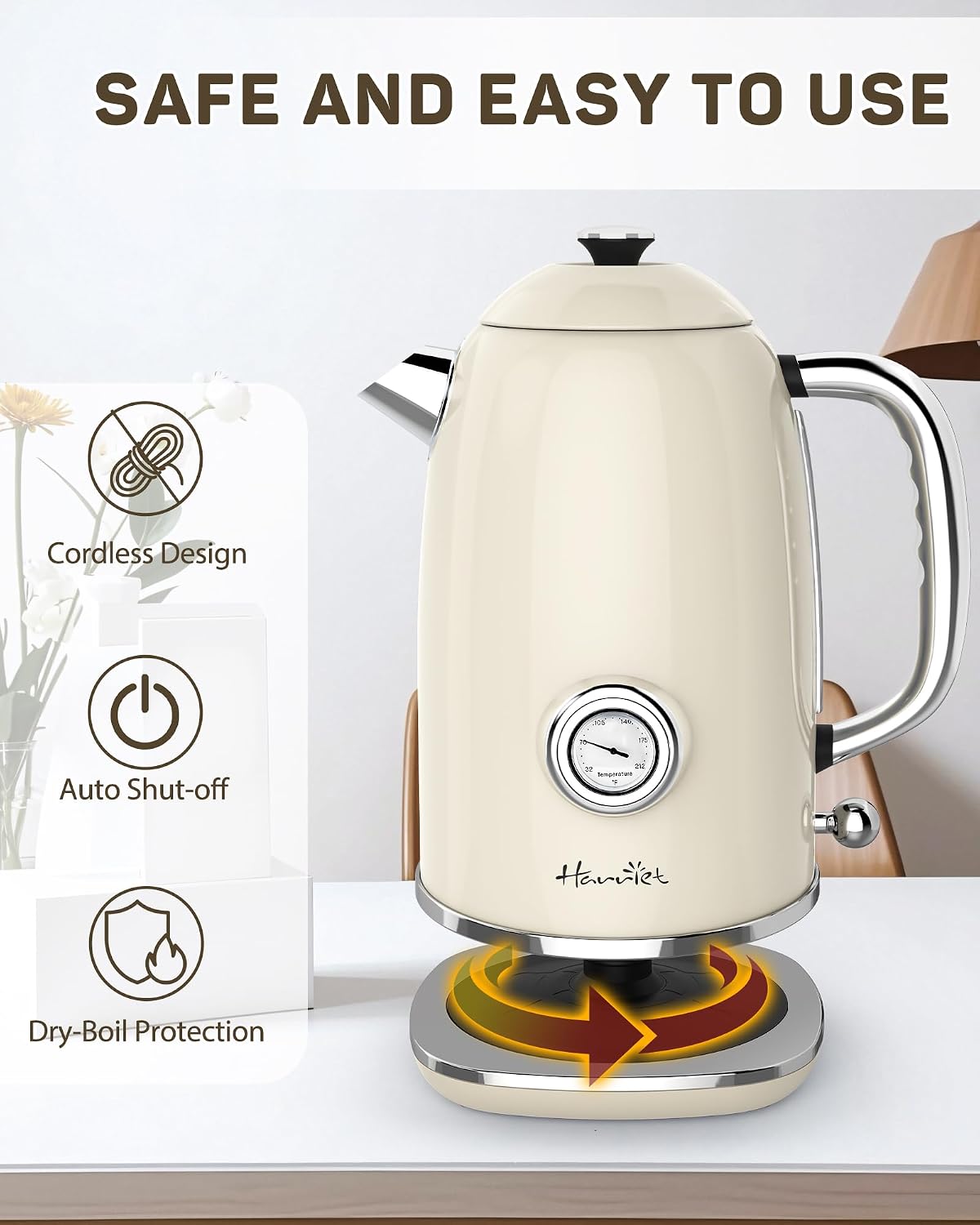 Harriet 61oz Electric Kettle with Thermometer, Retro Hot Water Boiler | 1500W Hot Water Kettle, Electric Tea Kettle for Boiling Water, LED Indicator, Auto Shut-Off &amp; Boil Dry Protection