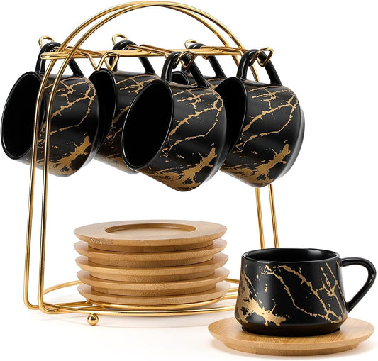 LUKA Ceramic Espresso Cups with Saucers and Metal Stand, Small 4 oz Porcelain Demitasse Cups Set of 6, Cute Cappuccino