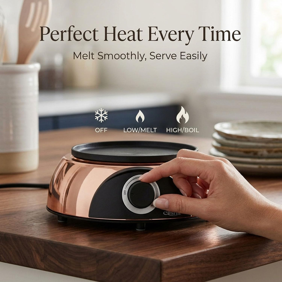 Artestia Swiss Design 2-QT Electric Fondue Pot for Meat, 1500W Ceramic Chocolate Melting Pot with Adjustable Temperature, 6 Fondue Forks, White Ceramic Pot with Rose-Gold Base (Black)