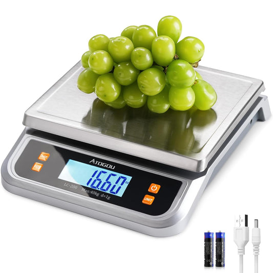 88lb Food Scale, Commercial Kitchen Scale Plug-in Usable with Full View LCD Display, Stainless Steel, for Baking, Bread,