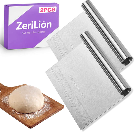 2 Pack Stainless Steel Dough Cutter Scraper Set - Bench Scraper & Pastry Knife with Measuring Marks - Bread Dough Baking