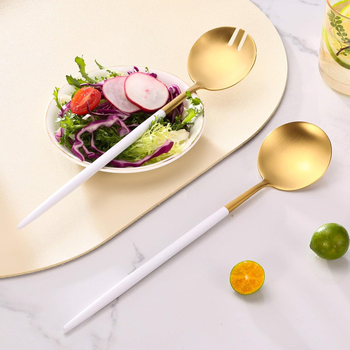 Lemeya White Gold Salad Serving Utensils,Serving Spoons Stainless Steel,2Pcs Long Handle Salad Servers 11.42 Inch,Salad Utensils for Serving,Matte Finish,Dishwasher Safe