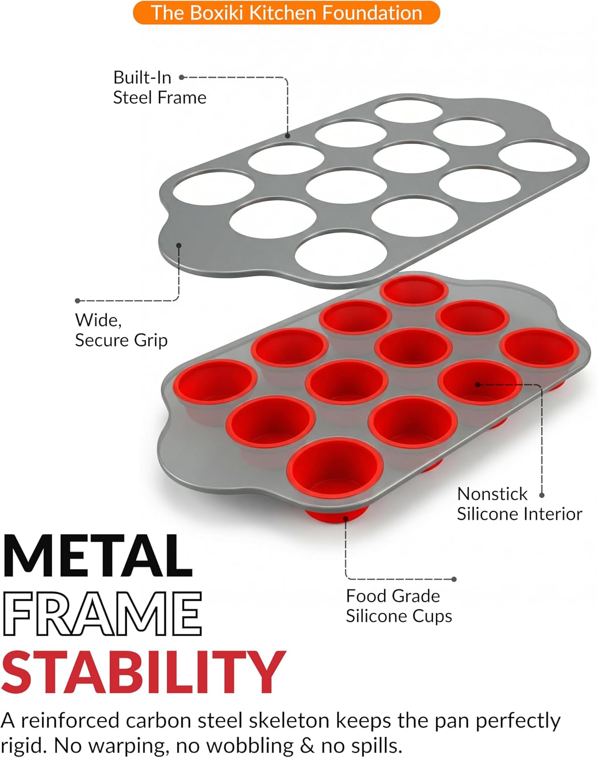 Boxiki Kitchen Non-Stick 12 Cup Silicone Muffin Pan with Steel Frame - BPA Free