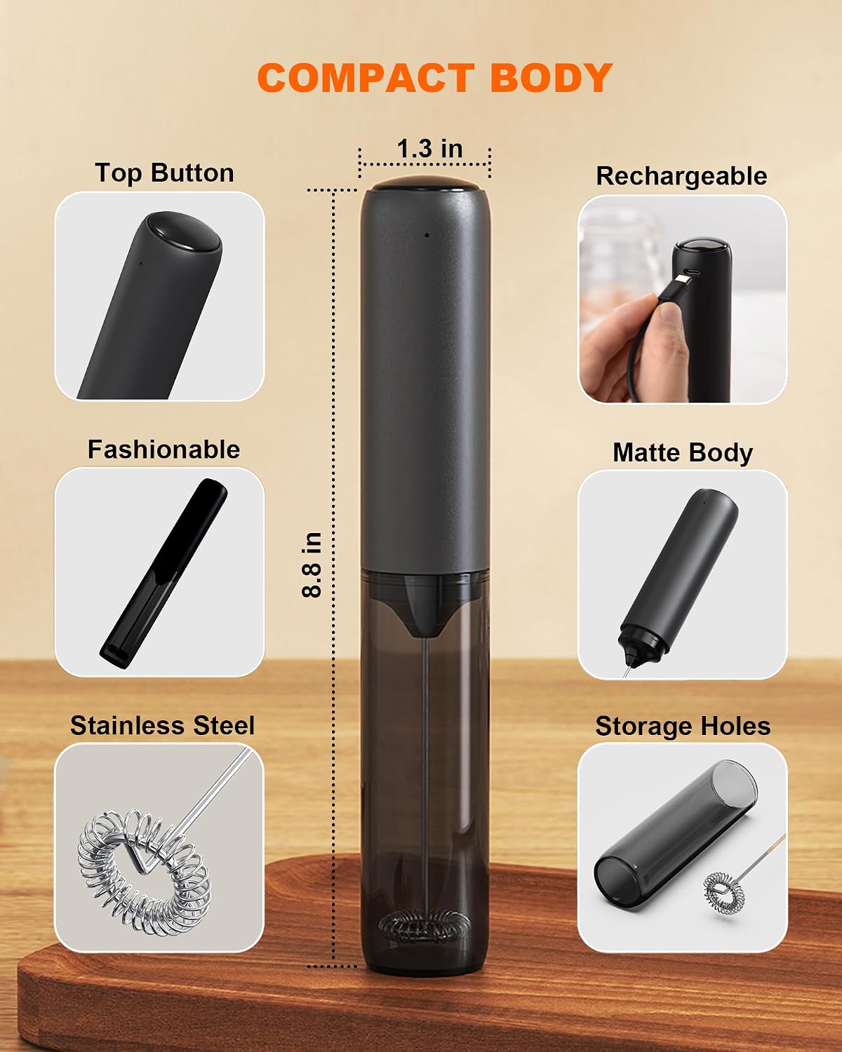 Rechargeable Milk Frother Handheld Foam Maker, Black