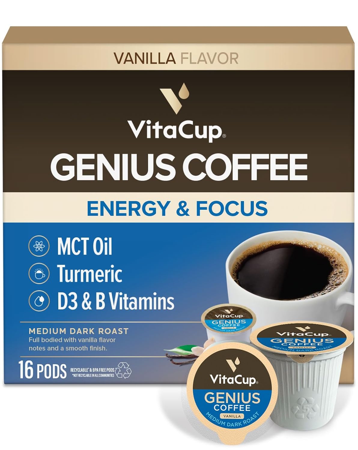 VitaCup Genius Vanilla Keto Medium Roast Coffee Pods, 16ct | B Vitamins, D3, MCT Oil, Turmeric