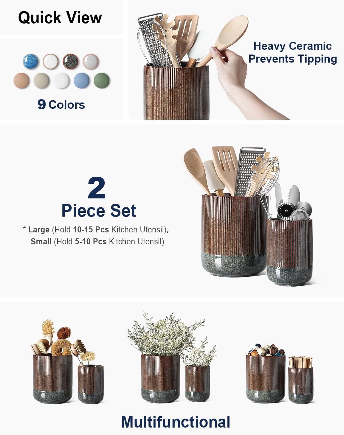 LE TAUCI Ceramic Kitchen Utensil Holder for Counter, 7.3/5.4", Rust &amp; Olive