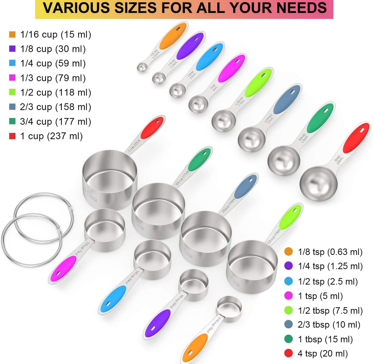 Wildone Stainless Measuring Cups and Spoons Set with Silicone Handle, 16pcs | 8 Measuring Cups and 8 Measuring Spoons, Nesting Design, Heavy Duty for Measuring Dry/Liquid Ingredients, Multicolor