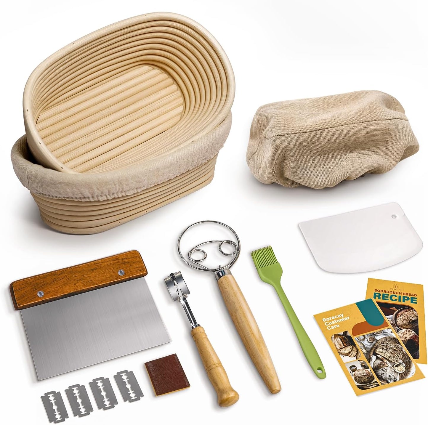 Sourdough Starter Kit with 2 Oval Banneton Bread Proofing Baskets | Complete Sourdough Bread Baking Supplies, Beginner Friendly, 2 PCS 10 in Oval Rattan Banneton, Sturdy Sour Dough Tools
