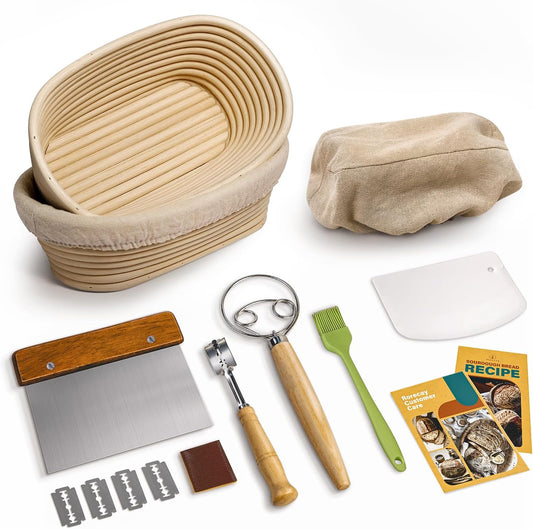Sourdough Starter Kit with 2 Oval Banneton Bread Proofing Baskets | Complete Sourdough Bread Baking Supplies, Beginner Friendly, 2 PCS 10 in Oval Rattan Banneton, Sturdy Sour Dough Tools
