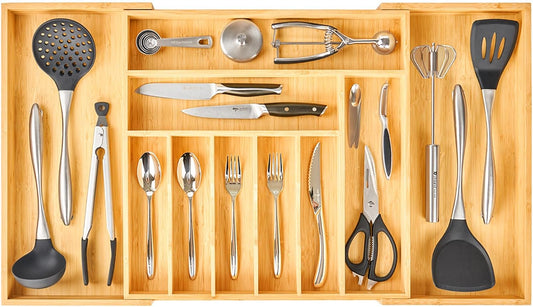 Umilife Extra Large Expandable Kitchen Siverware Utensils Drawer Organizer, 19" Deep for Big Drawer, Adjustable Bamboo Wood