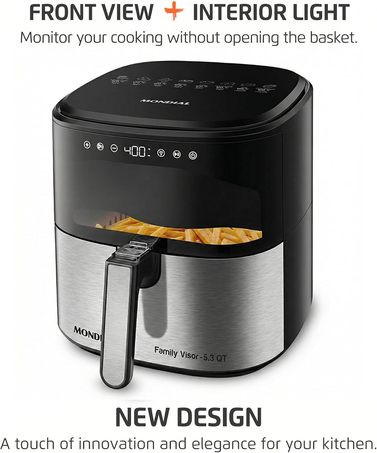 Air Fryer Digital Visor Inox 5.3QT Capacity - High Power & Elegant Stainless Steel Finish - Black & Inox