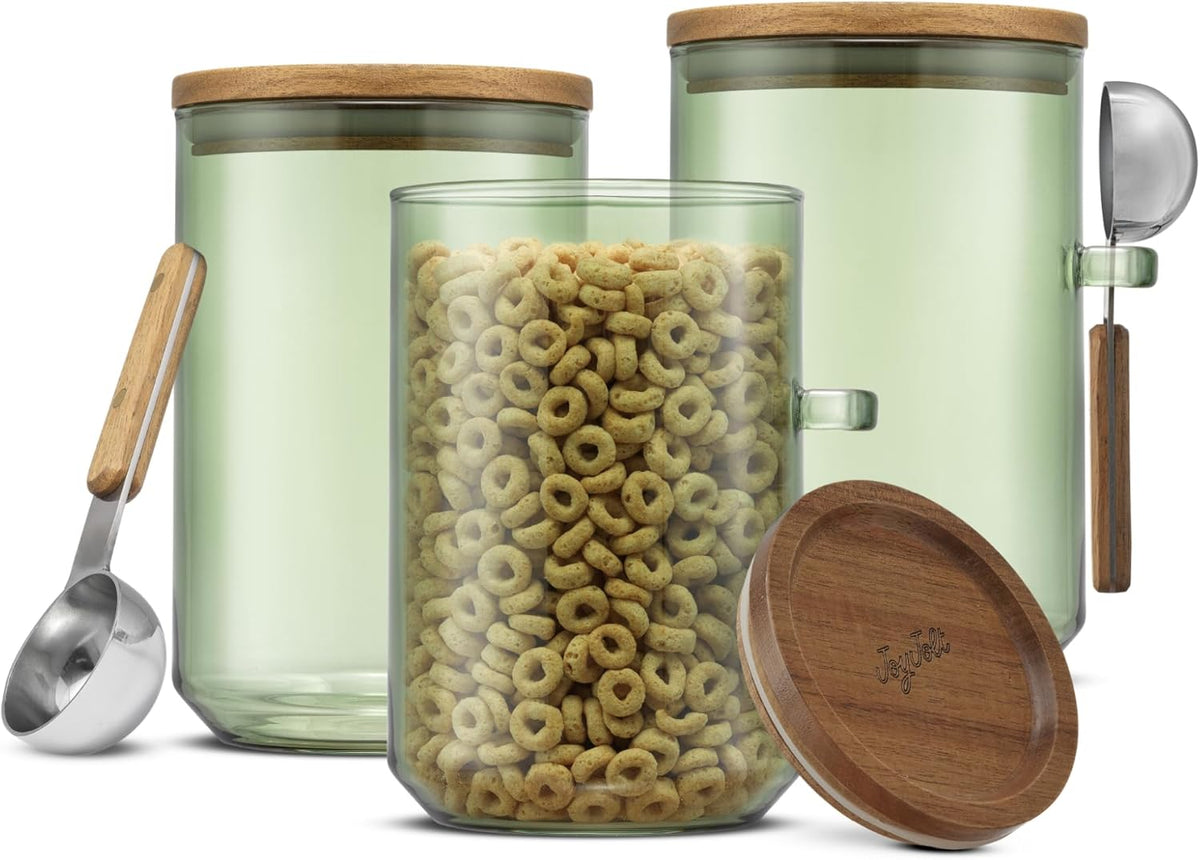 JoyJolt Holden 32oz Stackable Glass Storage Containers with Lids and Scoops, Airtight Food Canister Set of 3 w/Acacia Wood Lids, Round Stacking Pantry and Kitchen Containers w/Scoop | Clear