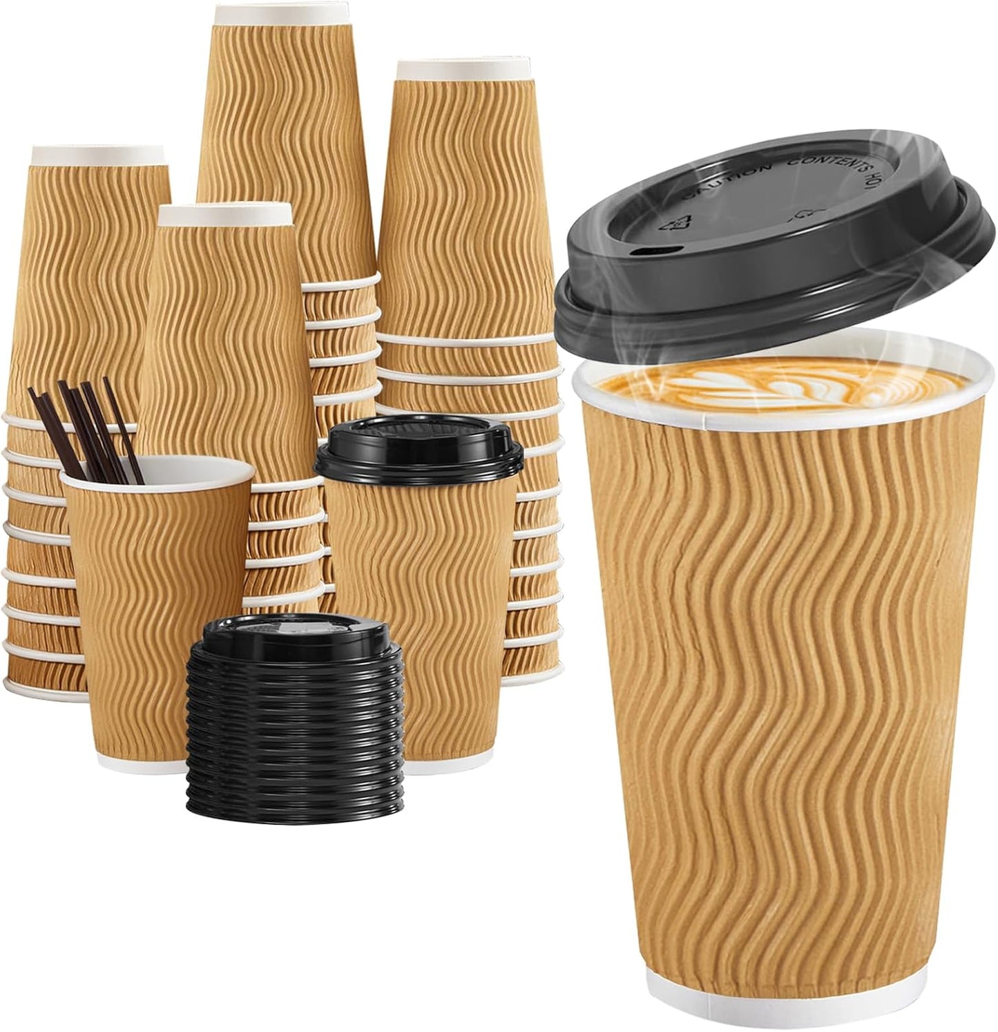 SIUQ 90 Pack 16 oz Disposable Coffee Cups with Lids and Straws - Champagne | Insulated Ripple Wall To Go Paper Cups for Hot/Cold Drinks, Coffee, Tea &amp; Chocolate. Ideal for Office, Travel, Parties