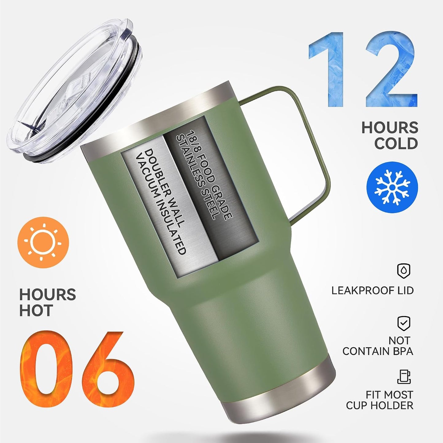 30 oz Stainless Steel Tumblers Bulk with Handle and Lid, 4 Pack | Powder Coated, Double Wall Vacuum Insulated, Leak Proof Lid, Keep Drinks Cold and Hot, for office, party, camping,Army Green