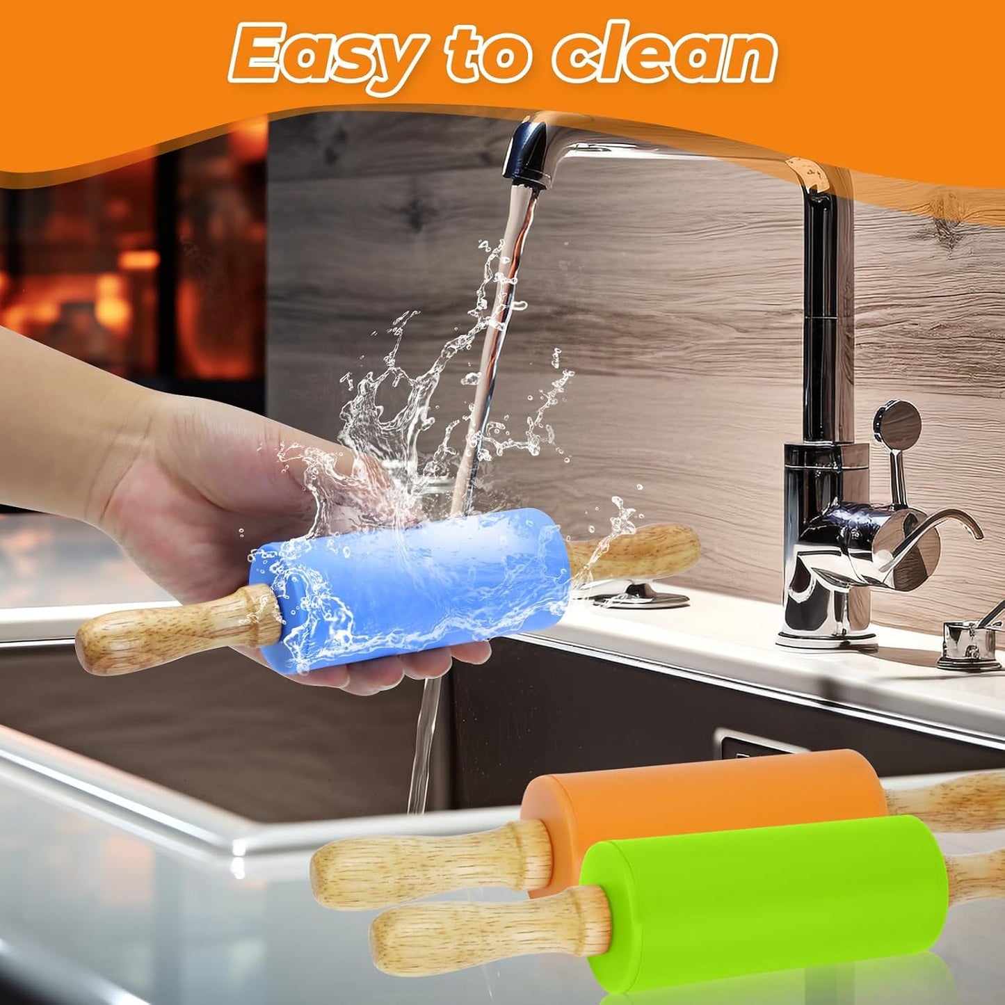 Mini Rolling Pin for Kids, 9 Inch Wooden Handle Rolling Pin | Non-Stick Small Silicone Rolling Pins for Children Cake Pizza Baking Gift
