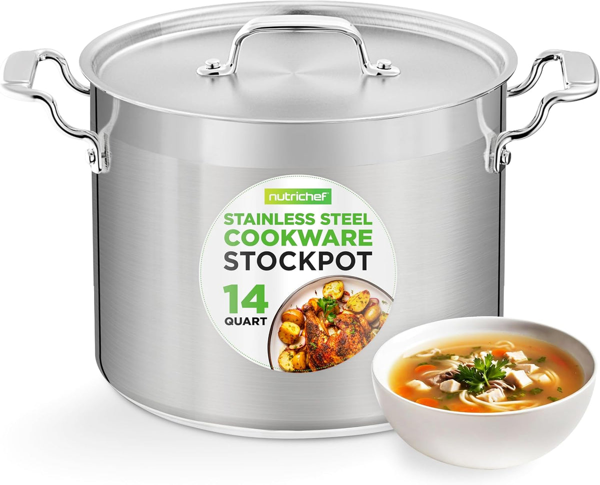 NutriChef 14 Quart Stock Pot with Lid - Heavy Duty Stainless Steel, Induction Ready, Ergonomic Handles