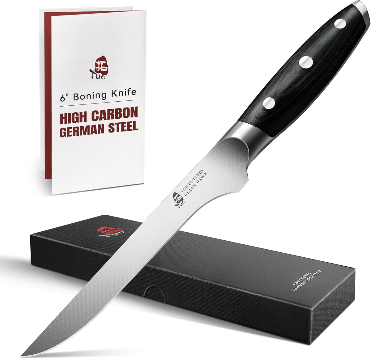 TUO Boning Knife, 6 inch Fillet Knife for Trimming Fat from Meat, Deer Skinning, Full Tang Handle, High Carbon German Steel, for Poultry Lamb Meat Cutting - Black Hawk Series
