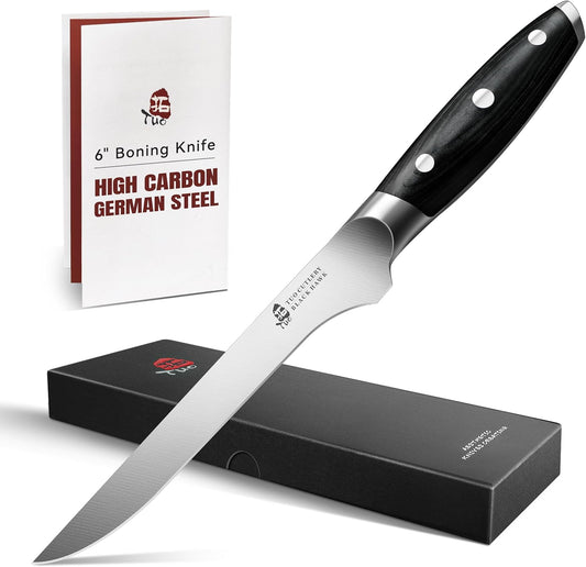 TUO Boning Knife, 6 inch Fillet Knife for Trimming Fat from Meat, Deer Skinning, Full Tang Handle, High Carbon German Steel, for Poultry Lamb Meat Cutting - Black Hawk Series