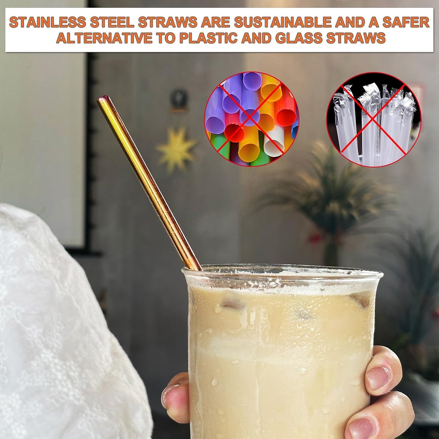 Stainless Steel Straws Metal Reusable Drinking Straw for Juice Iced Coffee Cold Beverage Highball Glasses 12/14/16/18oz Tumblers Mugs Cups, 0.24" Wide 8.5 Inch Long, Set of 8 with Brush, Colorful