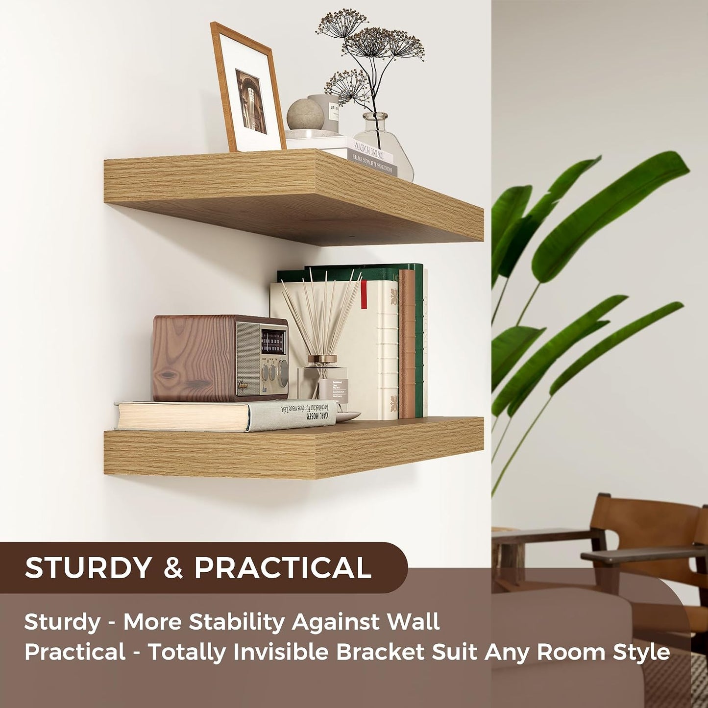 24 Inch Floating Shelves for Wall, 9"D Wood Storage Shelves, Oak Finish