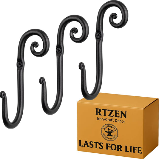 RTZEN Wall Mount Hook Set - Wrought Iron Decorative Rustic Metal Coat Hooks for Hanging - Handcrafted Classic Farmhouse Wall