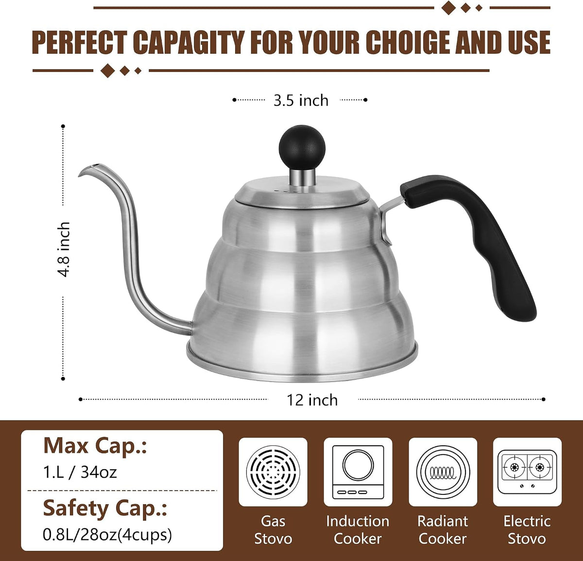 Tea Kettle for Stove Top,Without Thermometer,Silver Manual Drip Coffee Pour Over Kettle,28 oz