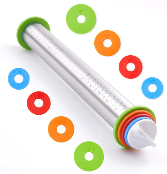 Rolling Pin with Thickness Rings, Fulimax 17" Adjustable Stainless Steel Rolling Pins for Baking, Dough Roller for Fondant