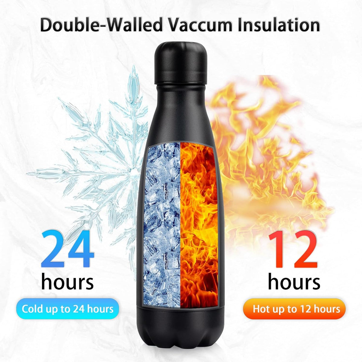 Insulated Water Bottle, 12oz Stainless Steel Water Bottles with straw lid, Metal Sports Water Bottles for Boys,Girls, Double Wall Vacuum BPA-Free Flask for School, Sports &amp; Travel-Black