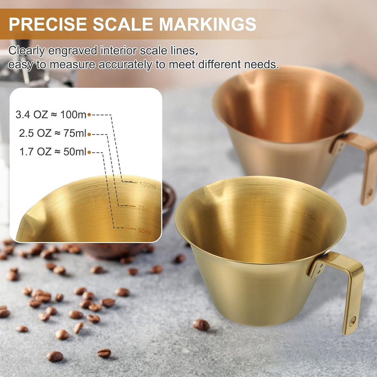 uxcell 2 Pcs Stainless Steel Espresso Cup with Handle, V-Shaped Mouth Espresso Measuring Cup with Scale for Preparing Coffee, Cocktails, 3.4OZ/100ML (Black)
