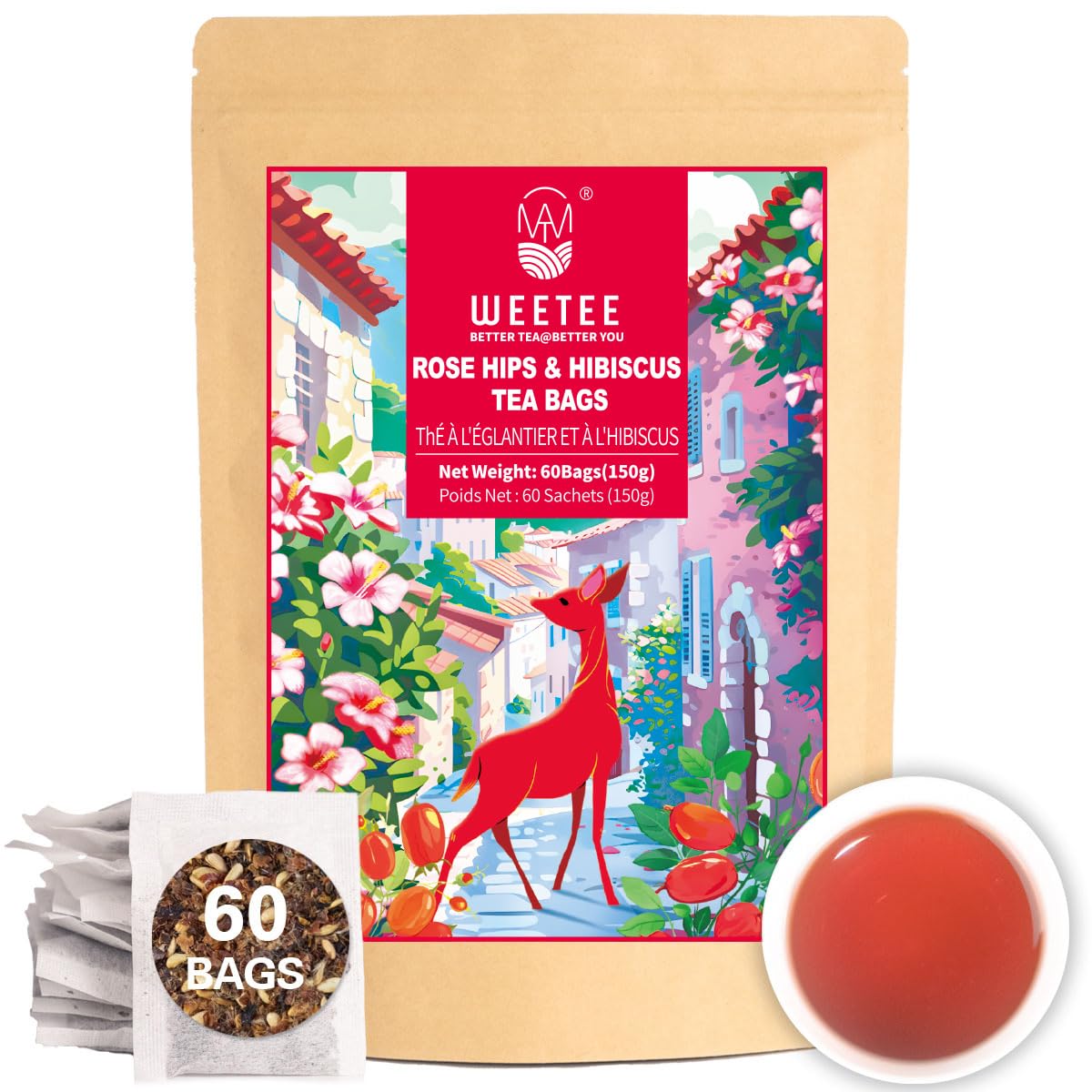 WT WEETEE Rosehips Hibiscus Tea Bags 60 Count, Caffeine-free &amp; Antioxidants