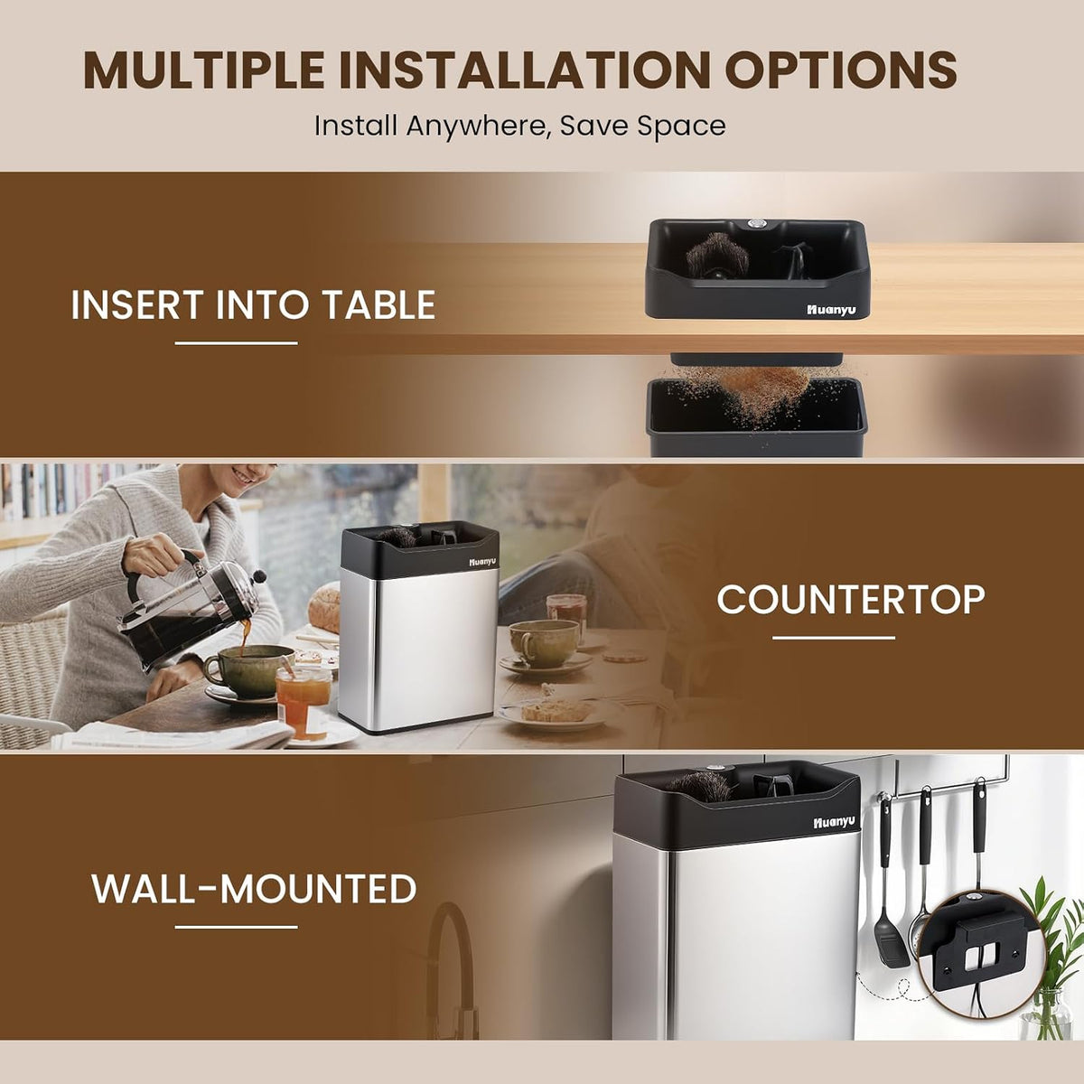 Huanyu 6L Automatic Portafilter Cleaner, 3-Way Installation, for 51&amp;58mm | 6l capacity for 50+ cycles, dual brush heads, 3 size scrapers fits 51&amp;58mm portafilters, stainless steel, for mid-volume cafe