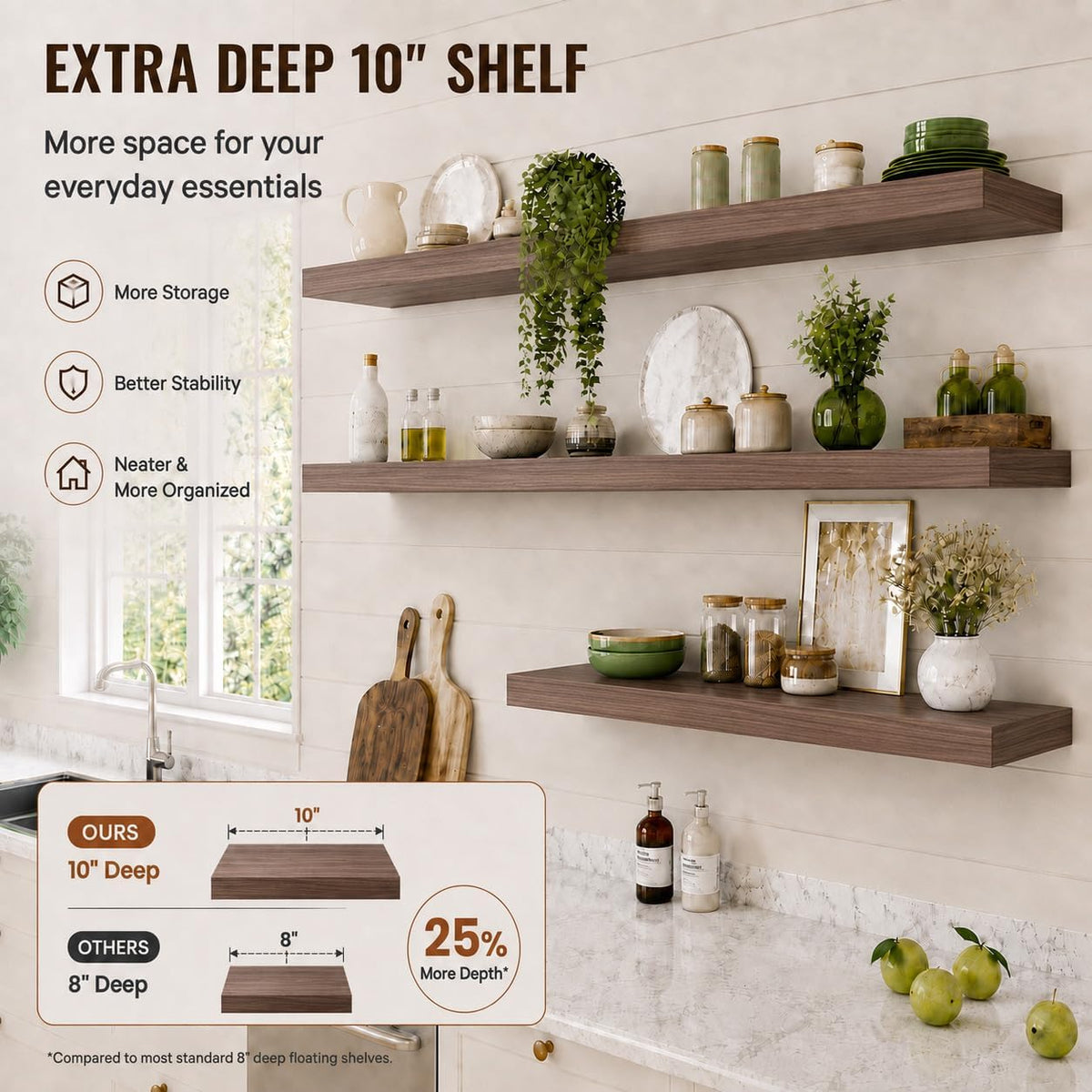 Floating Shelf, Set of 1 Wall Shelf, 36 in W x 12.75 in D x 2 in H Wooden Floating Wall Shelf with Invisible Brackets for Living Room/Bedroom/Bathroom/Kitchen Storage and Decor, Walnut
