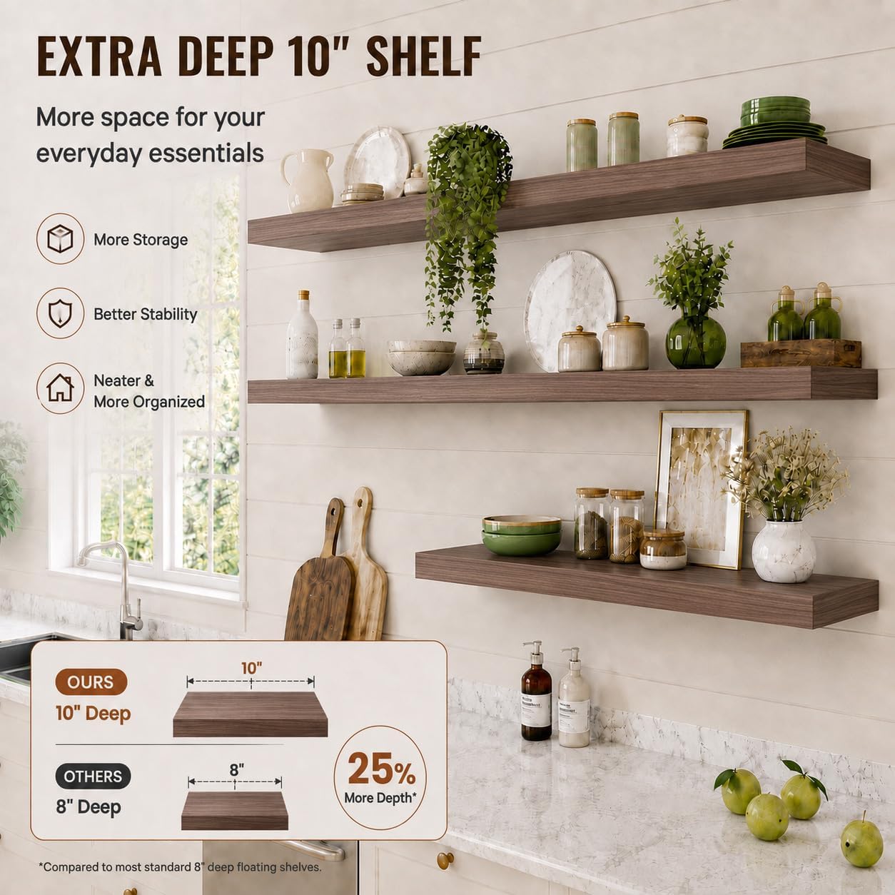 Floating Shelf, Set of 3 Wall Shelf, 24 in W x 10 in D x 1 in H Wooden Floating Wall Shelf with Invisible Brackets for Living Room/Bedroom/Bathroom/Kitchen Storage and Decor, Walnut