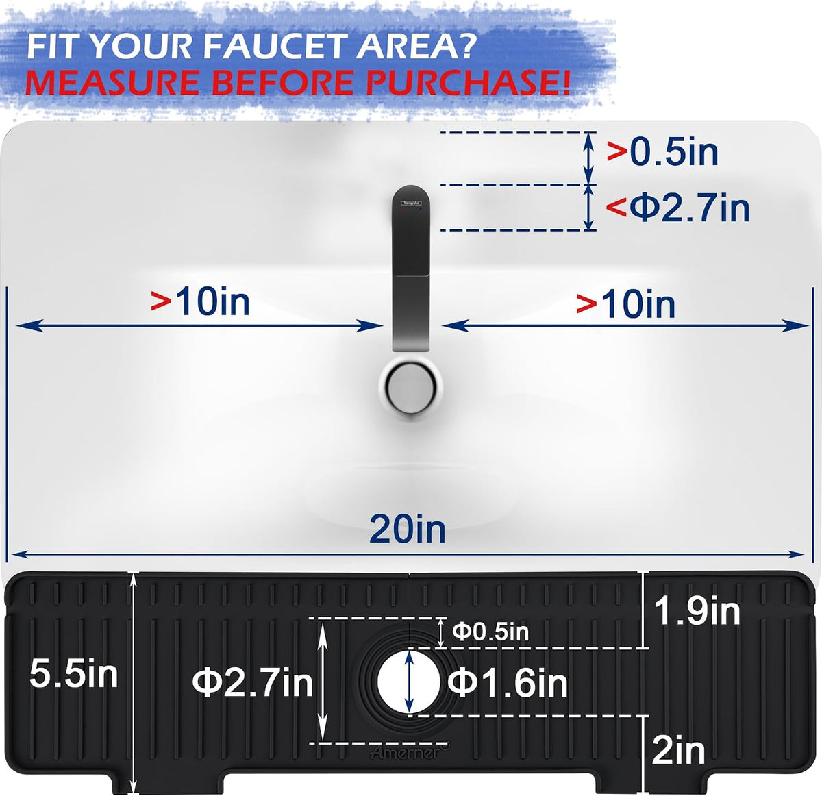 Kitchen Sink Splash Guard, 20 inch Silicone Faucet Guard &amp; Draining Mat, 10° Large Slope Sink Faucet Mat Splash Guard, Bathroom Sink Organizer, Kitchen Sink Accessories Gadgets, 20 x 5.5”, Black