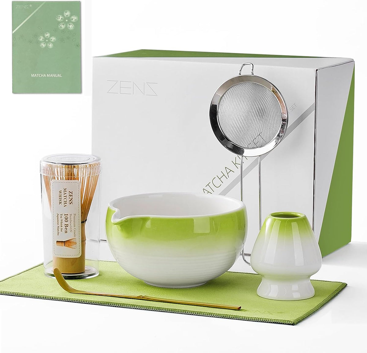 ZENS Premium Matcha Whisk Set, 6pcs Matcha Kit for Tea Ceremony, Green | Complete Matcha Set Whisk and Bowl, Bamboo Whisk, Chasen Holder, Scoop, 304 Sifter and Tea Mat for Latte Making