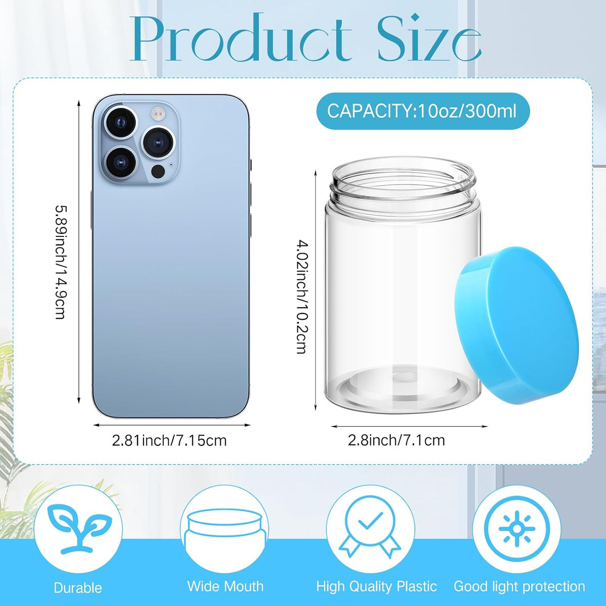 Patelai 4 Pcs Plastic Jars Wide Mouth with Lids,10 Ounce,Blue