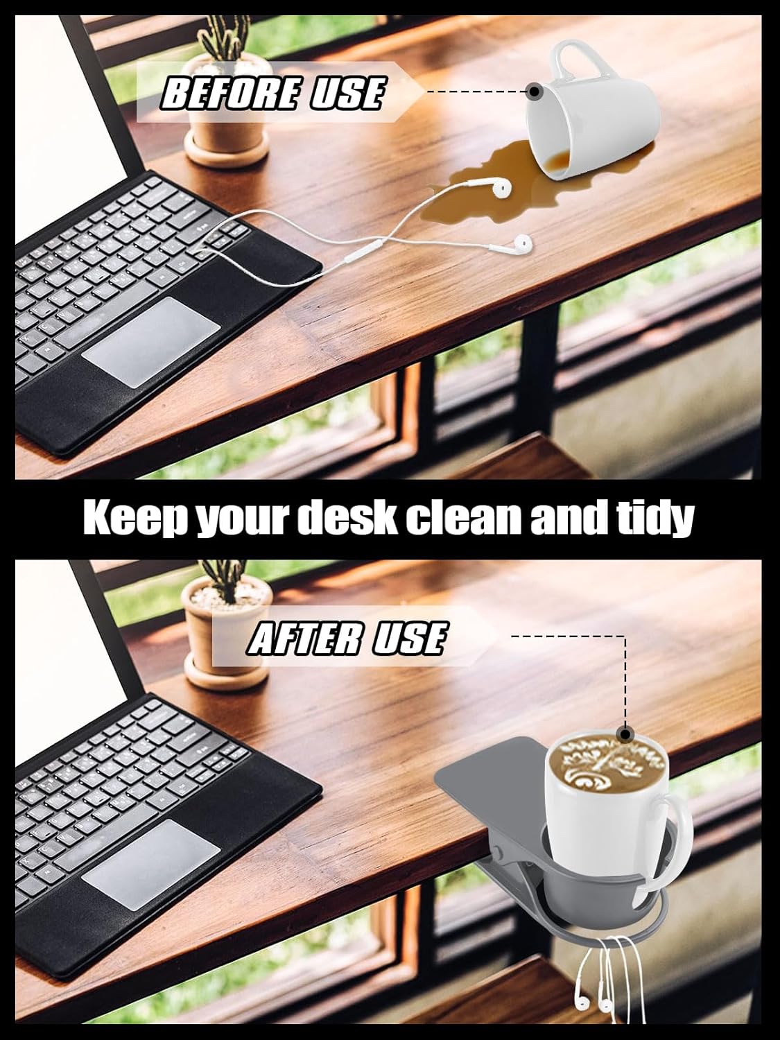 Kalolary 2PCS New Drinking Cup Holder Clip with Groove Table Bottle Cup Stand DIY Glass Cup Clamp Storage Saucer Clip Water Coffee Mug Holder Saucer Clip for Home Desk, Grey