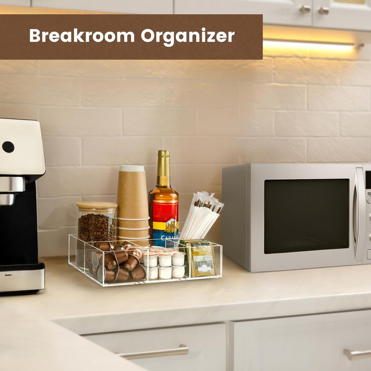 BEYGORM Acrylic Coffee Bar Station Organizer for Countertop,Office Breakroom Clear Snack Tea Storage Accessories Holder for Kcup Pod Condiment Cup Sugar Creamer Syrup, Gift for Coffee Lovers