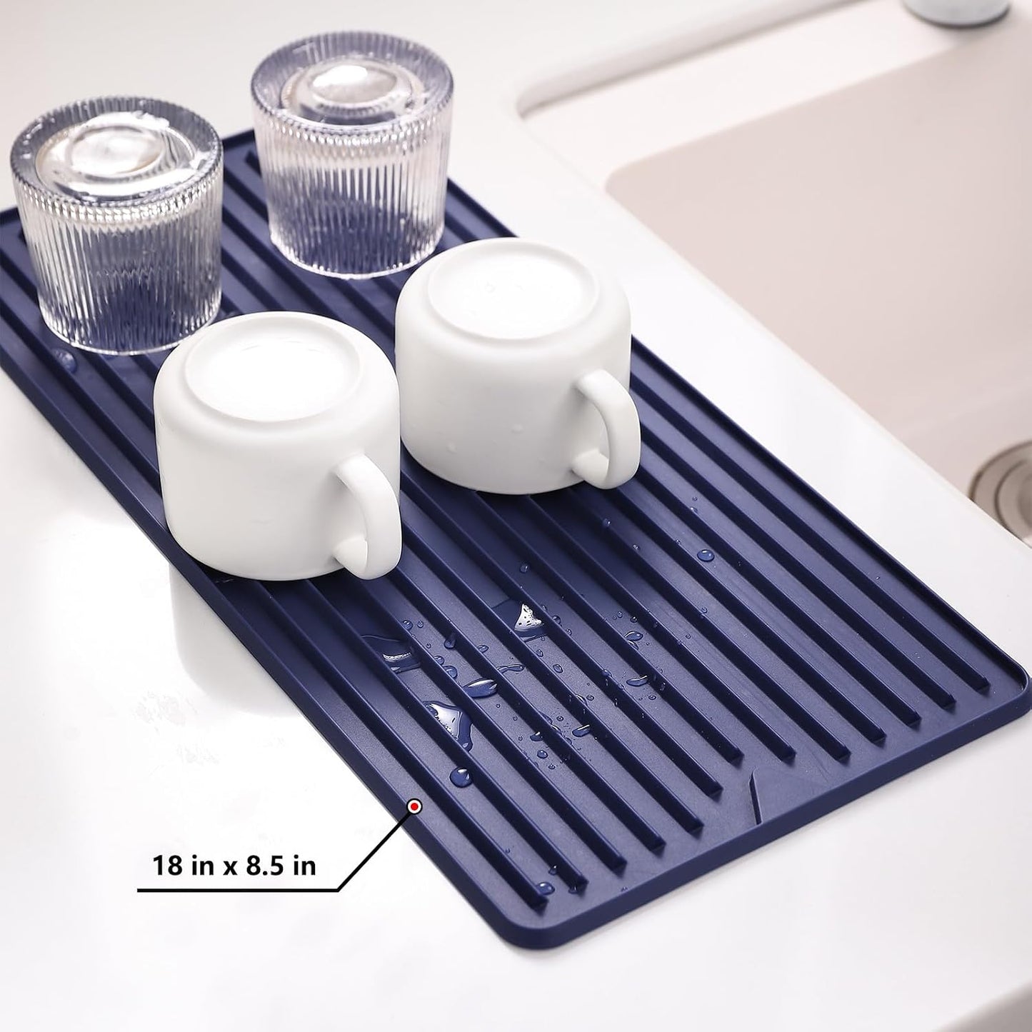 Small Silicone Dish Drying Mat, Long &amp; Narrow, 8.5" x 18", Blue | For Kitchen Counter and Bathroom, Super Thick, Heat Resistant, Countertop Protector, Non-Toxic, For Cup/Bottle/Glassware