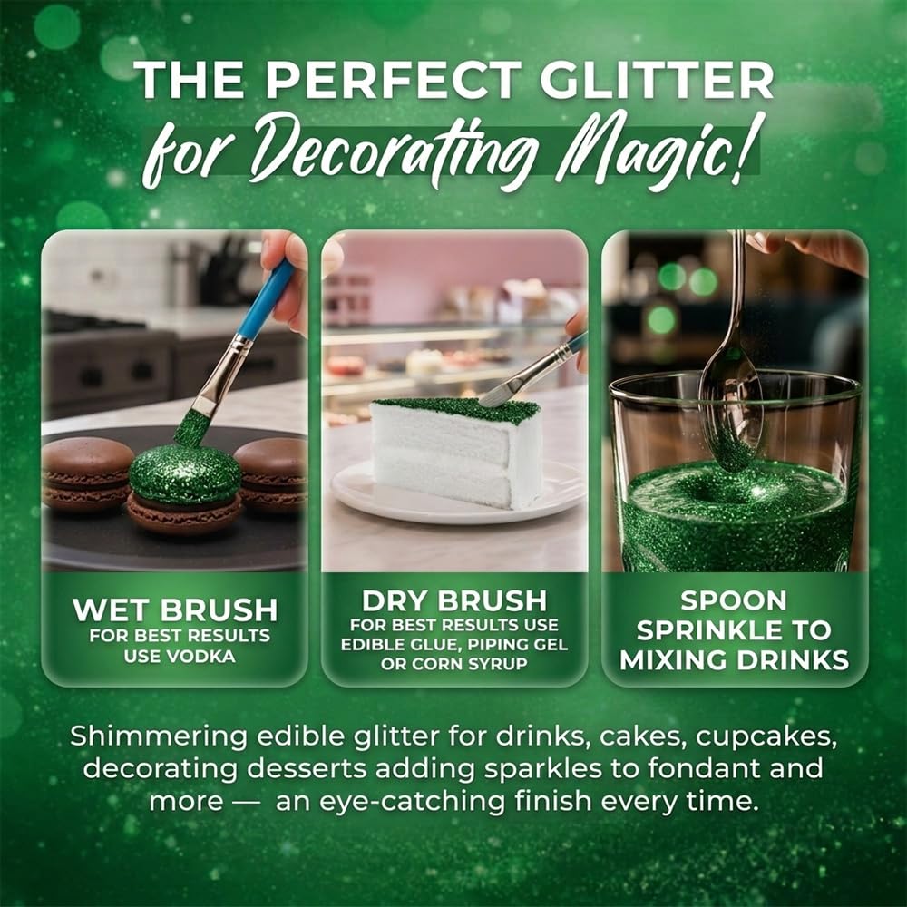 Dark Green Edible Glitter for Drinks 20g - Green Edible Glitter for Cakes Cocktails Cake Decoration Sprinkles - Green Luster Dust for Cocktail &amp; Cake Topper Chocolate Baking Decorating Fondant Cookies - Drink Shimmer Spray - Food Grade Vegan, Kosher,