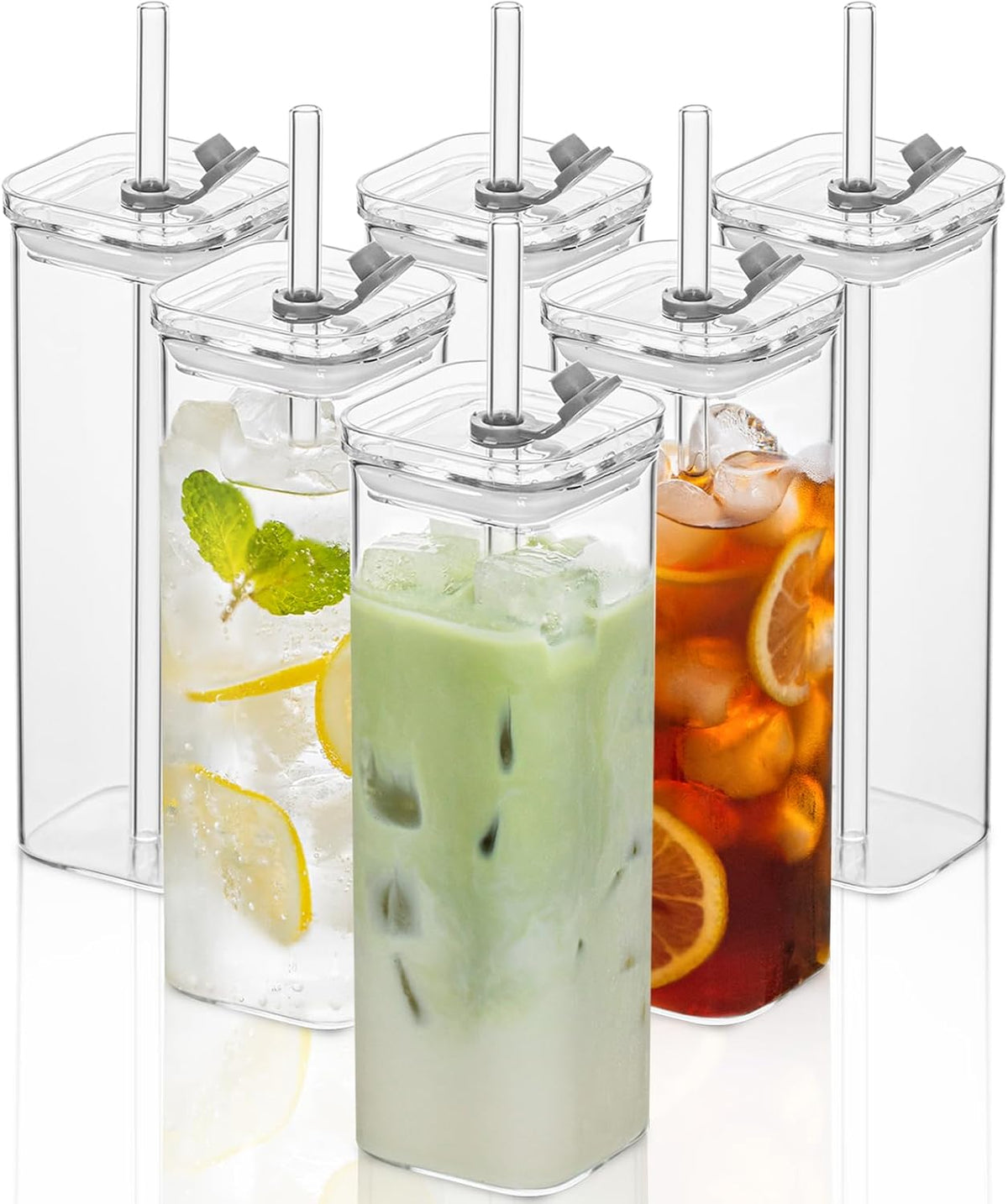 KEMORELA 6 Sets Square Drinking Glass Cups, Old Fashioned Glasses, 17 Oz Square Glasses, Clear Highball Modern Glassware Tumbler Mixed Drinkware with Straws for Cocktail Coffee Juice(Square-6PCS)